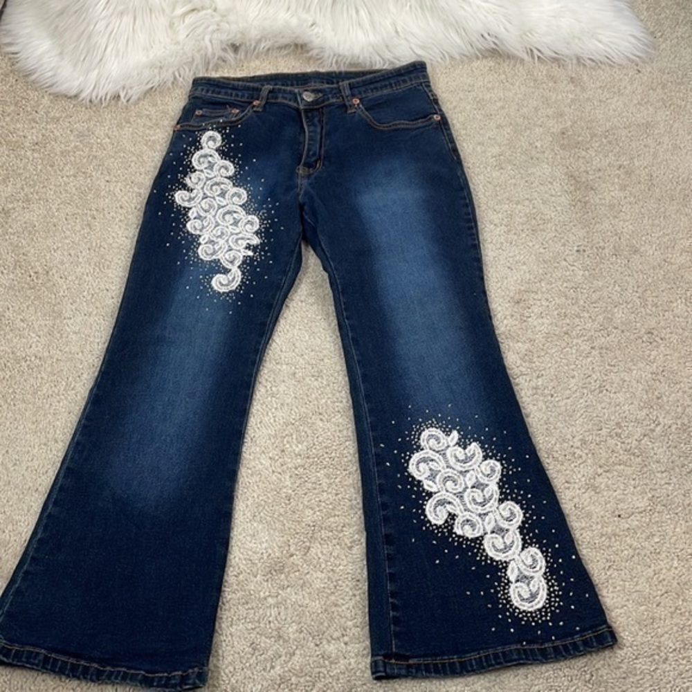 CO-2 Blue Flare Cropped Jeans Embellished with Lace and Beading, Size 4